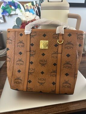 MCM Cognac Logo Visetos Mini Tote with Gold Plaque